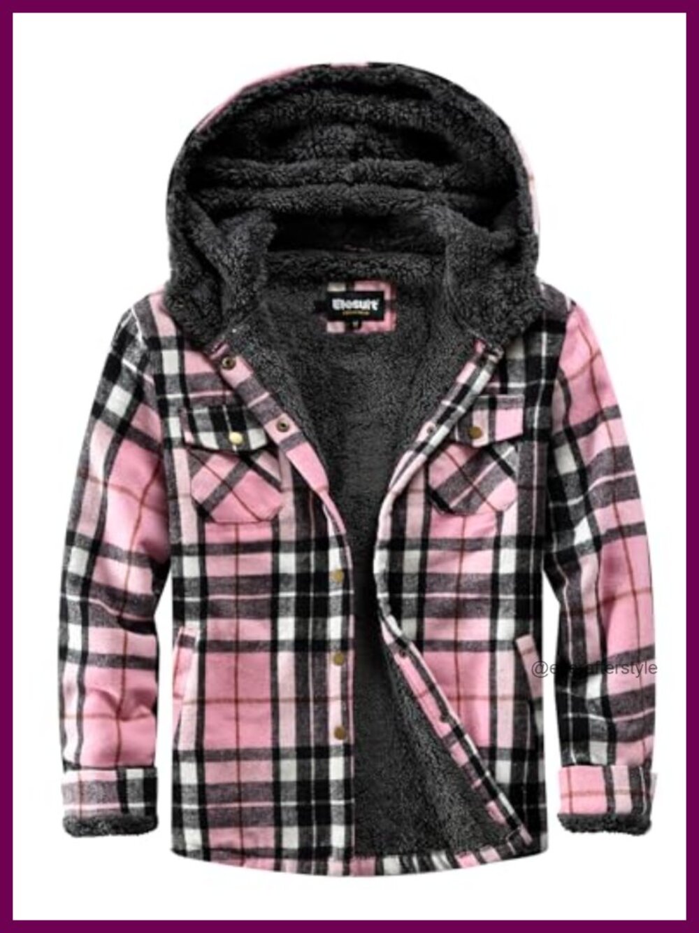 Fleece Plaid Button Down Hooded Jacket Sherpa Lined Women's